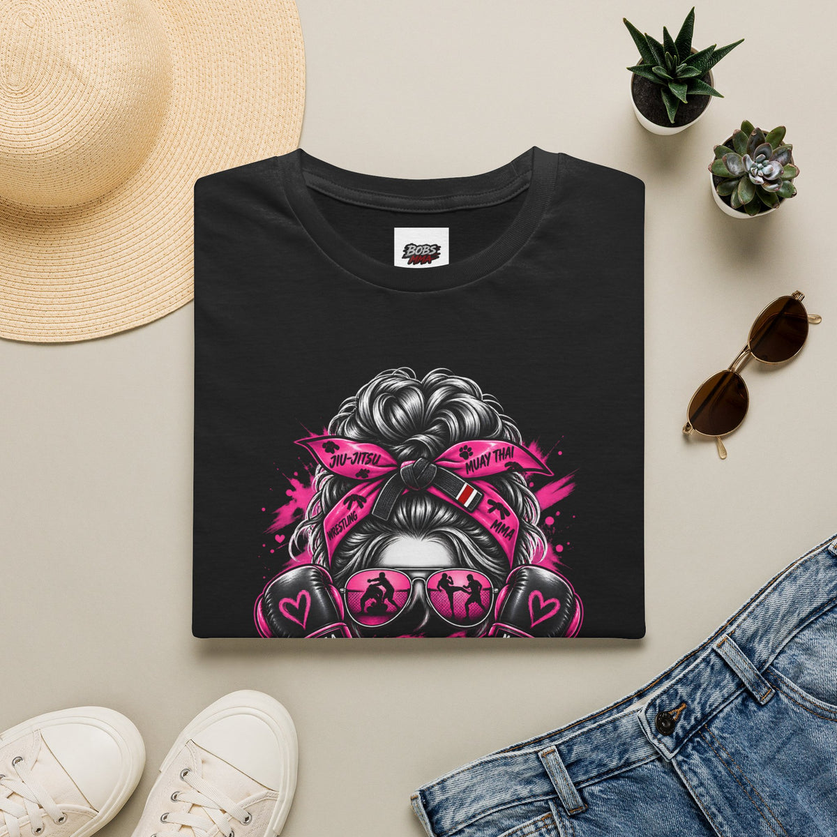 Moms Supporting Martial Arts Messy Bun T-Shirt — Pink Ribbon Awareness Tee
