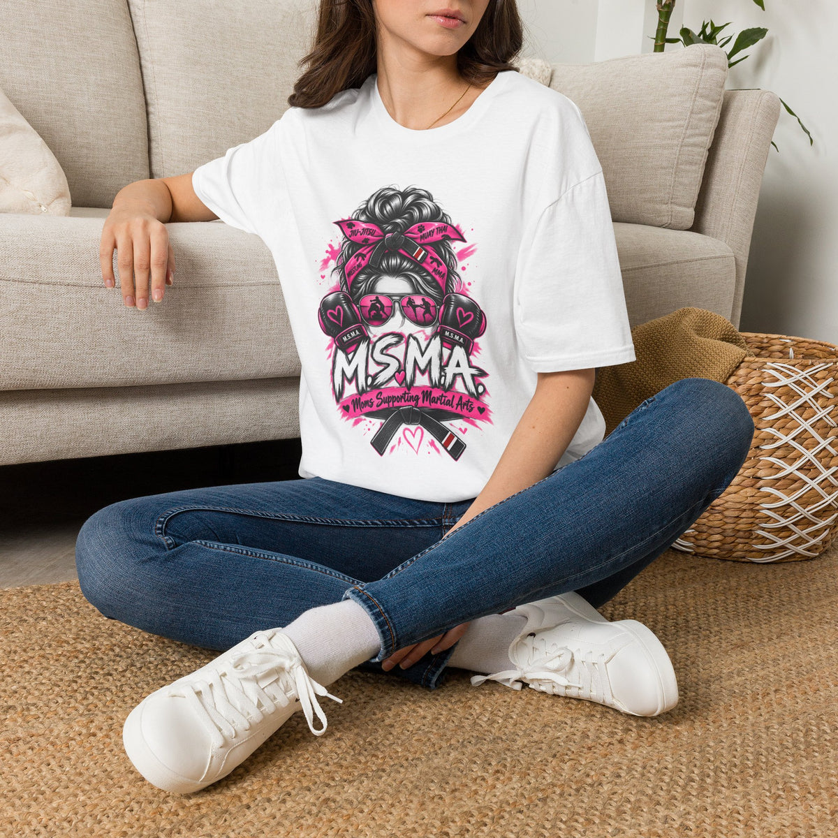 Moms Supporting Martial Arts Messy Bun T-Shirt — Pink Ribbon Awareness Tee