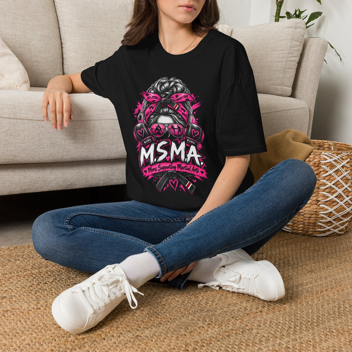 Moms Supporting Martial Arts Messy Bun T-Shirt — Pink Ribbon Awareness Tee