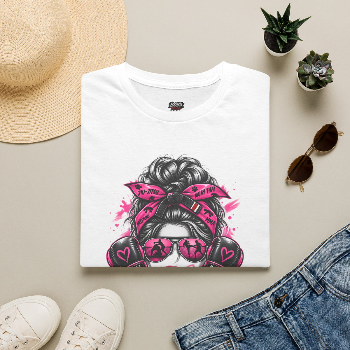 Moms Supporting Martial Arts Messy Bun T-Shirt — Pink Ribbon Awareness Tee