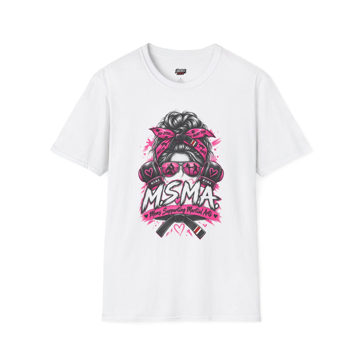 Moms Supporting Martial Arts Messy Bun T-Shirt — Pink Ribbon Awareness Tee