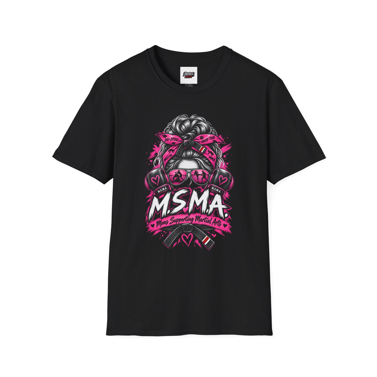Moms Supporting Martial Arts Messy Bun T-Shirt — Pink Ribbon Awareness Tee
